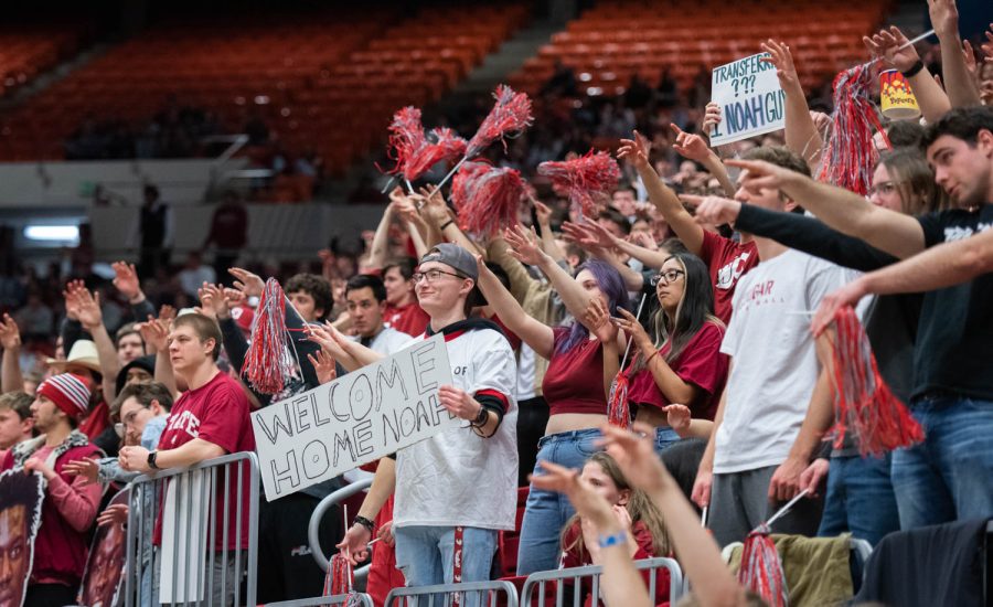The WSU student section gathers to watch the rivalry men’s basketball game between WSU and UW, Saturday, Feb 11, 2023, in Pullman, Wash.