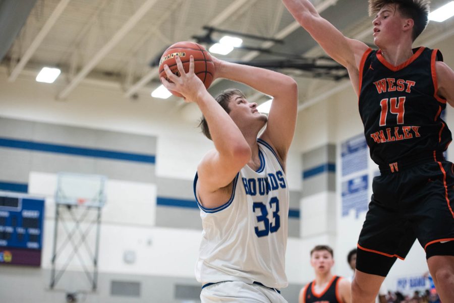 Pullman center Austin Hunt goes up for a shot during the 2A district championship basketball game against West Valley on Thursday, Feb.16, 2023, in Pullman, Wash.