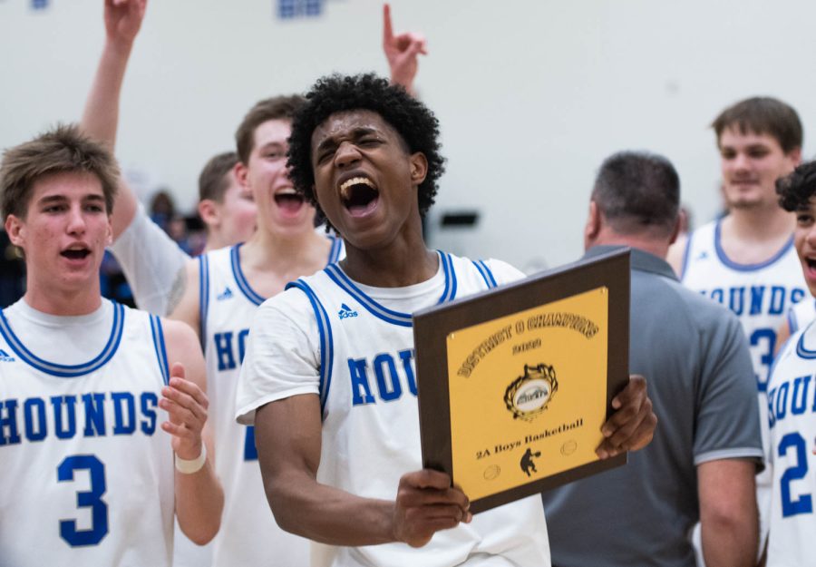 Pullman shooting guard Champ Powaukee celebrates after winning the 2A district championship game against West Valley on Thursday, Feb.16, 2023, in Pullman, Wash. 
