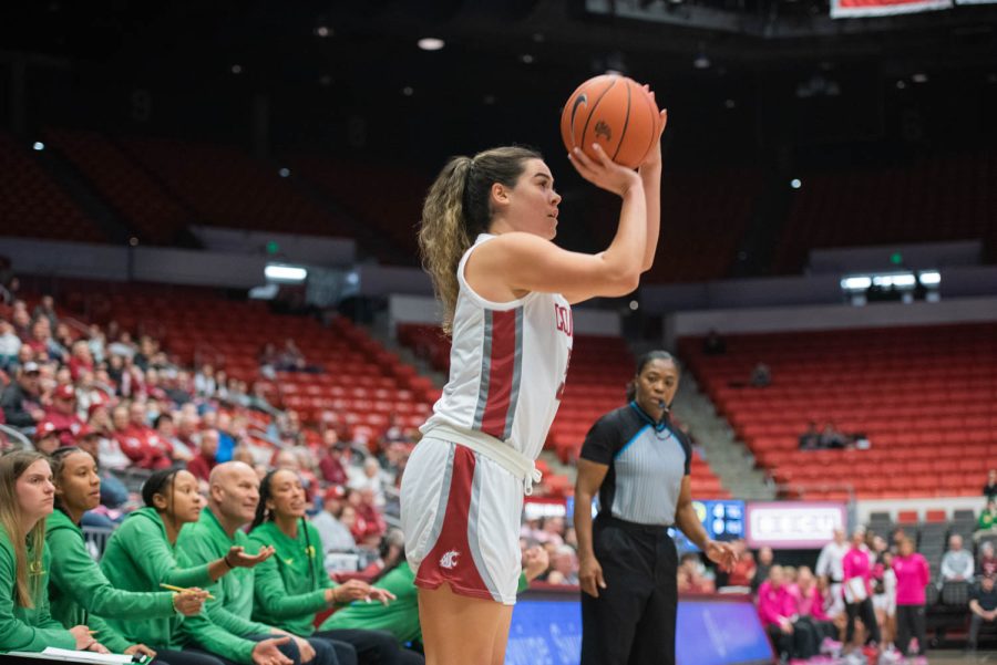 WSU+guard+Charlisse+Leger-Walker+takes+a+3-pointer+during+an+NCAA+women%E2%80%99s+basketball+game+against+Oregon%2C+Friday%2C+Feb.+17%2C+2023%2C+in+Pullman%2C+Wash.+