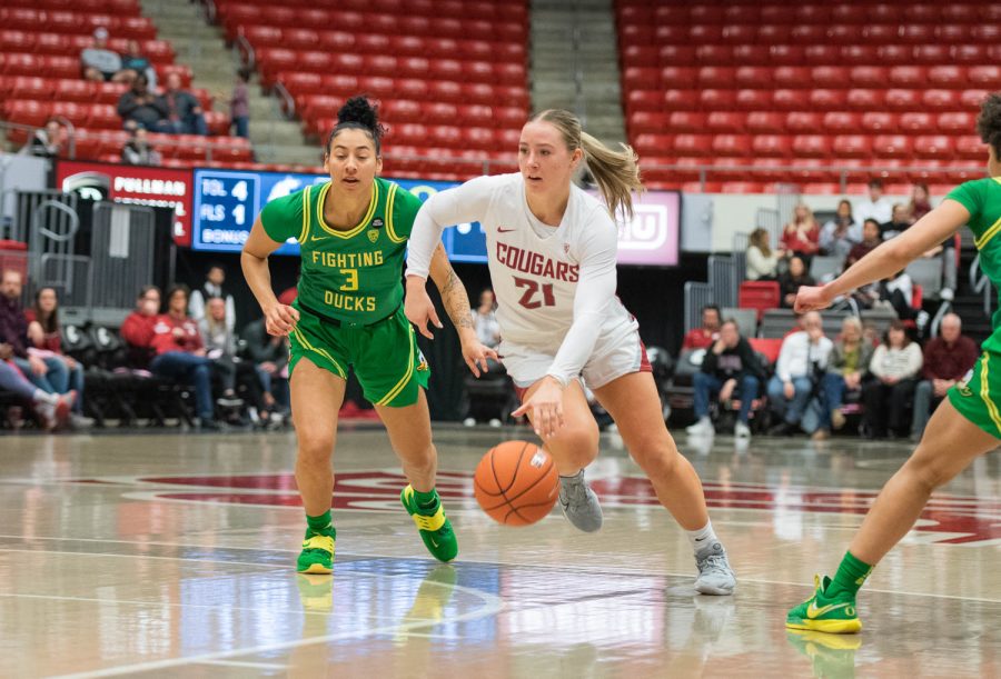 WSU guard Johanna Teder dribbles the ball during an NCAA women’s basketball game against Oregon, Friday, Feb. 17, 2023, in Pullman, Wash.