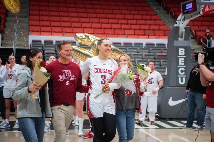 WSU center Emma Nankervis walks out for senior night before an NCAA womens basketball game against Oregon State, Sunday, Feb. 19, 2023, in Pullman, Wash.