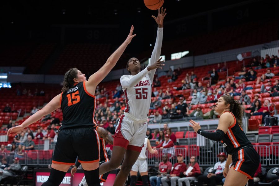 WSU center Bella Murekatete goes for a layup during an NCAA womens basketball game against Oregon State, Sunday, Feb. 19, 2023, in Pullman, Wash.