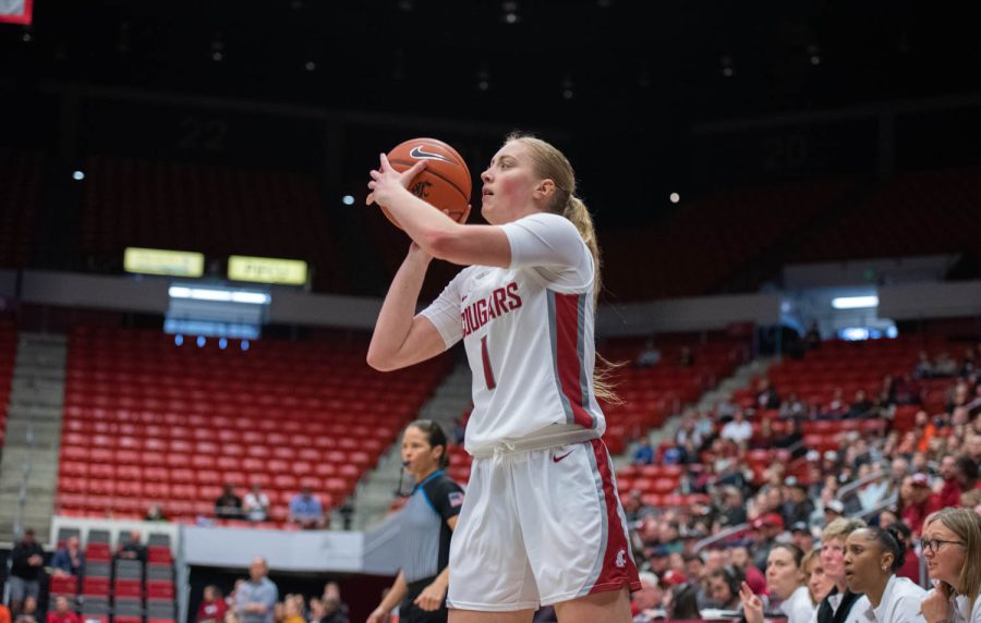 WSU guard Tara Wallack goes to shoot a 3-pointer  during an NCAA womens basketball game against Oregon State, Sunday, Feb. 19, 2023, in Pullman, Wash.
