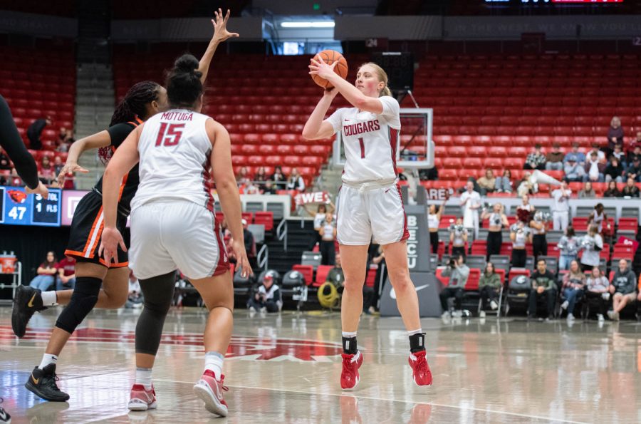 WSU guard Tara Wallack goes to shoot a 3-pointer during an NCAA womens basketball game against Oregon State, Sunday, Feb. 19, 2023, in Pullman, Wash.