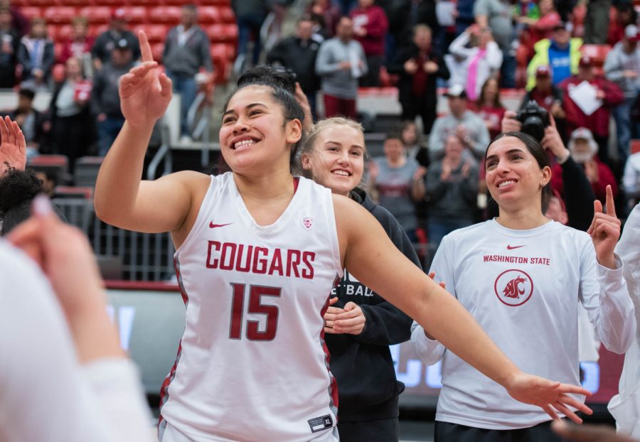 WSU forward Ula Motuga celebrates after winning an NCAA womens basketball game against Oregon State, Sunday, Feb. 19, 2023, in Pullman, Wash.