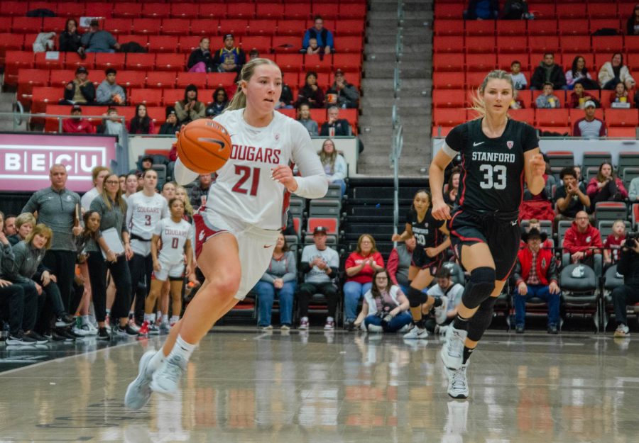 WSU guard Johanna Teder dribbles the ball during an NCAA basketball game against Stanford, Friday, Feb. 3, 2023, in Pullman, Wash.