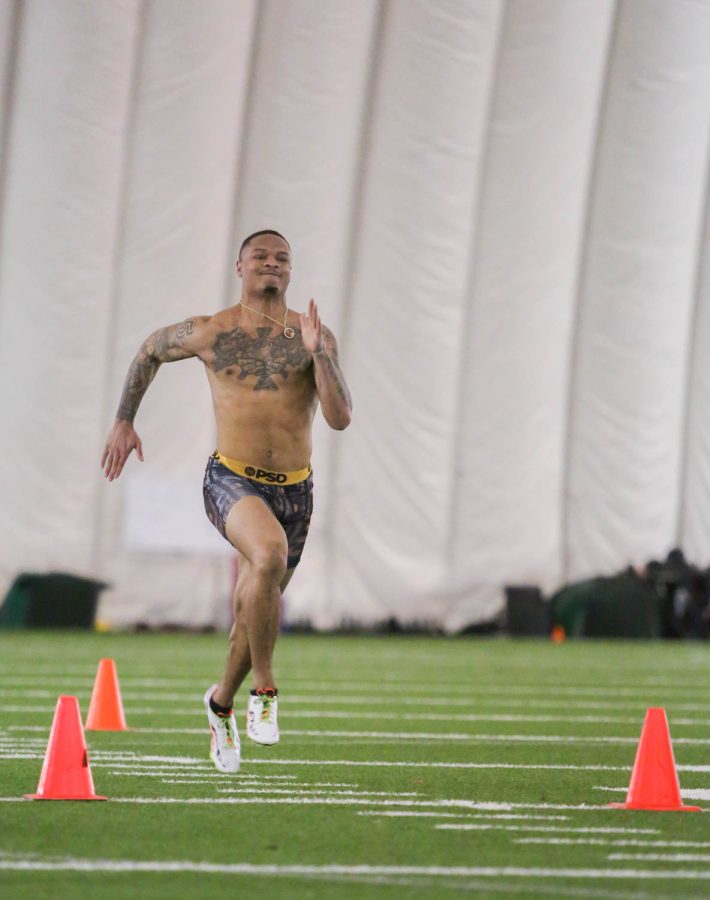 WSU football player Derrick Langford Jr. runs the 40-meter dash during the WSU football Pro Day, Tuesday, March 28, 2023, in Pullman, Wash.