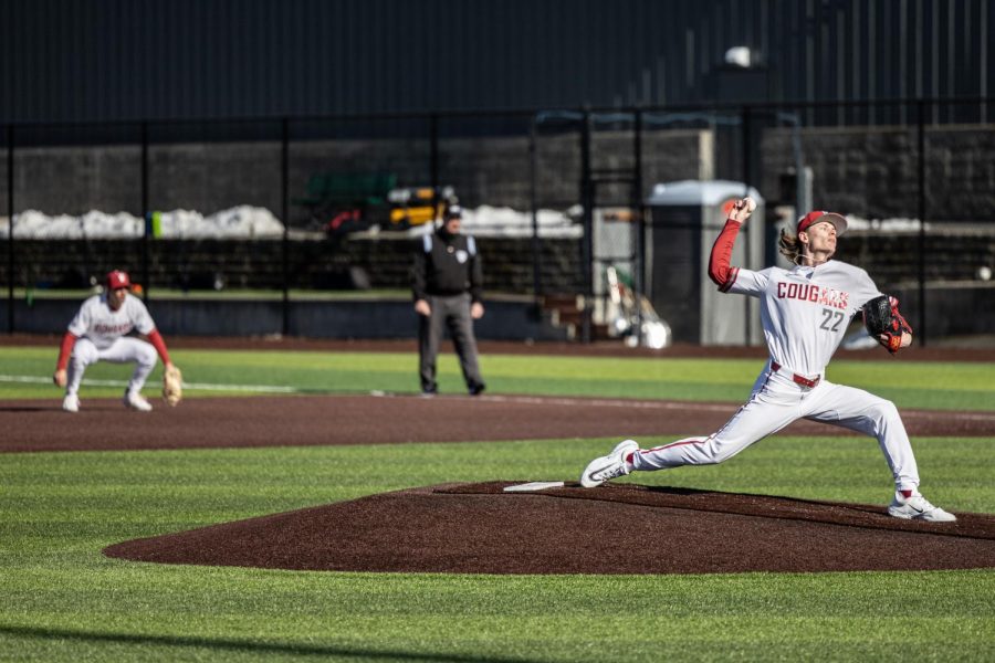 WSU pitcher Shane Spencer throws a pitch during an NCAA baseball game against Seattle University, March 7, 2023, in Pullman, Wash.