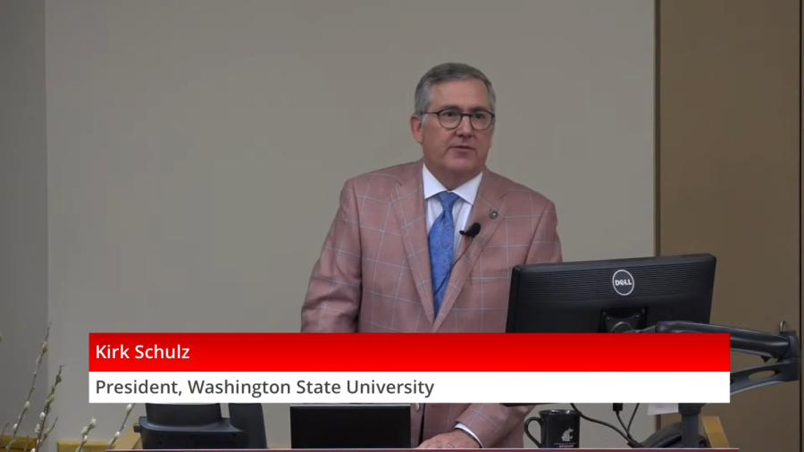 WSU+President+Kirk+Schulz+gave+his+fourteenth+State+of+the+University+Address+Tuesday+March+28+in+Spokane