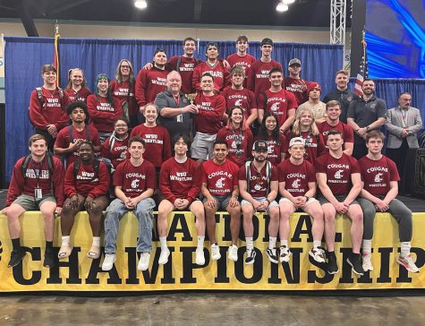 The entire WSU wrestling tem finishing four in Nationals, March 18.