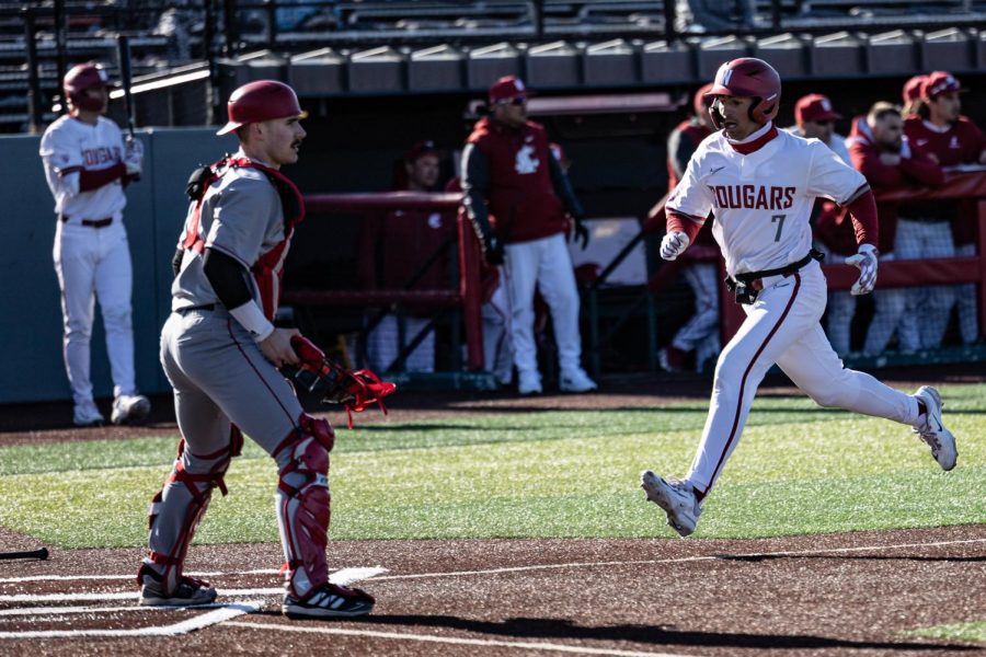 WSU infielder Cam Magee heads to home plate during an NCAA baseball game against Seattle University, March 7, 2023, in Pullman, Wash.