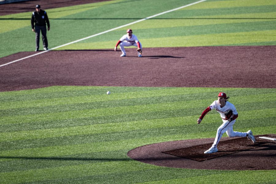 WSU pitcher Shane Spencer throws a pitch during an NCAA baseball game against Seattle University, March 7, 2023, in Pullman, Wash.