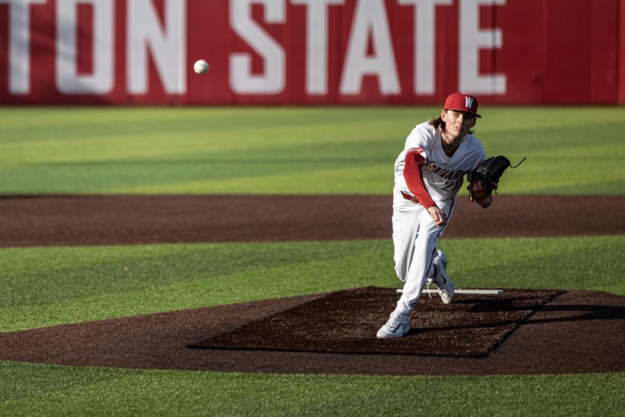 WSU+pitcher+Shane+Spencer+throws+a+pitch+during+an+NCAA+baseball+game+against+Seattle+University%2C+March+7%2C+2023%2C+in+Pullman%2C+Wash.