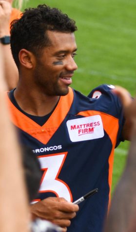 Russell Wilson on the Broncos during training camp 2022.