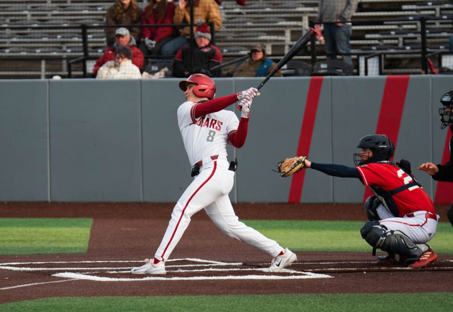 WSU infielder Elijah Hainline swings at a pitch during an NCAA baseball game against Southern Indiana, Saturday, March 4, 2023, in Pullman, Wash. 