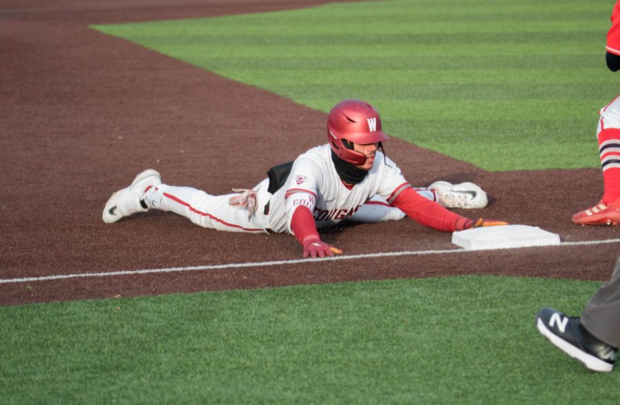 WSU outfielder Bryce Matthews slides into third base during an NCAA baseball game against Southern Indiana, Saturday, March 4, 2023, in Pullman, Wash. 