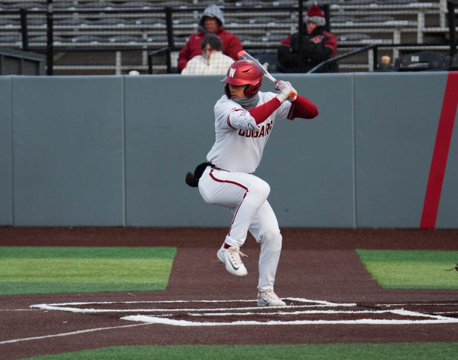 WSU outfielder Jonah Advincula gets ready to take a swing during an NCAA baseball game against Southern Indiana, Saturday, March 4, 2023, in Pullman, Wash.