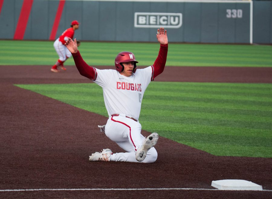 WSU outfielder Jacob McKeon slides into third base during an NCAA baseball game against Southern Indiana, Saturday, March 4, 2023, in Pullman, Wash. 