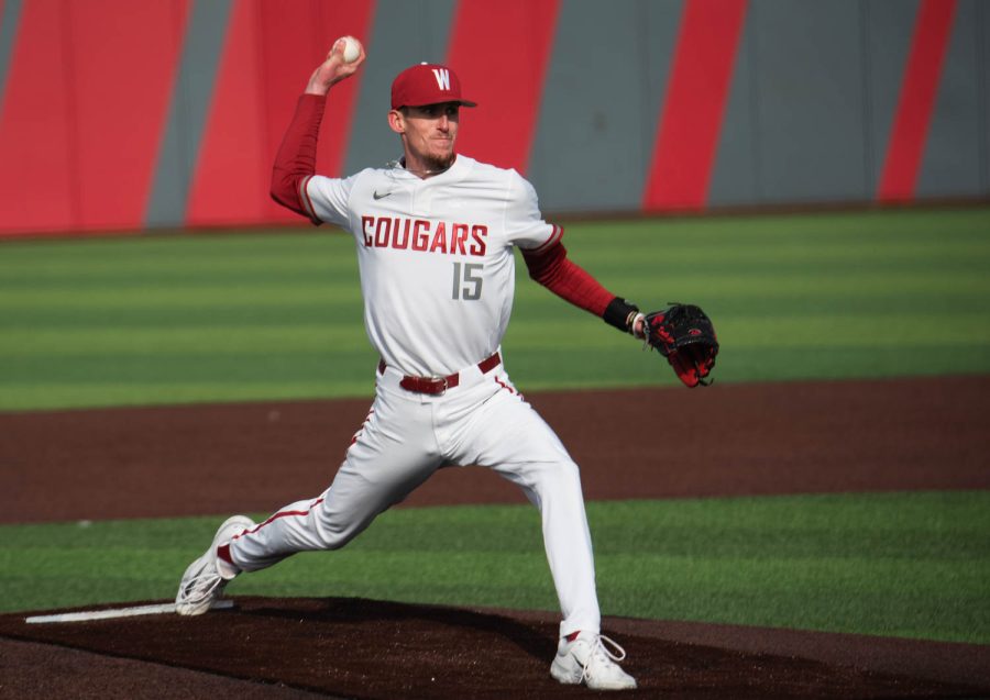 WSU pitcher Caden Kaelber throws a pitch during an NCAA baseball game against Southern Indiana, Saturday, March 4, 2023, in Pullman, Wash. 
