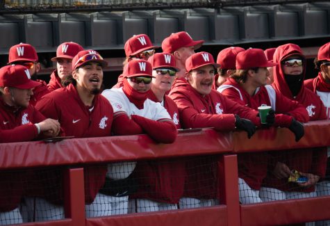 WSU baseball team cheers on their teammates from the dugout during an NCAA baseball game against Southern Indiana, Saturday, March 4, 2023, in Pullman, Wash. 