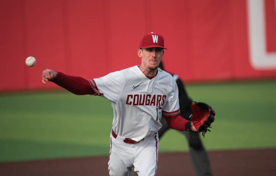 WSU pitcher Caden Kaelber throws a pitch during an NCAA baseball game against Southern Indiana, Saturday, March 4, 2023, in Pullman, Wash. 