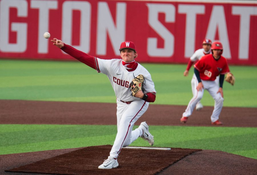 WSU+pitcher+Connor+Wilford+throws+a+pitch+during+an+NCAA+baseball+game+against+Southern+Indiana%2C+Saturday%2C+March+4%2C+2023%2C+in+Pullman%2C+Wash.+