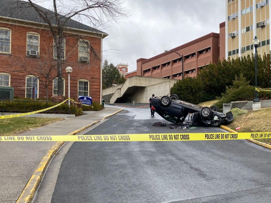 The car flipped on Veterans Way around 1 p.m. on Monday, March 21, 2023. 