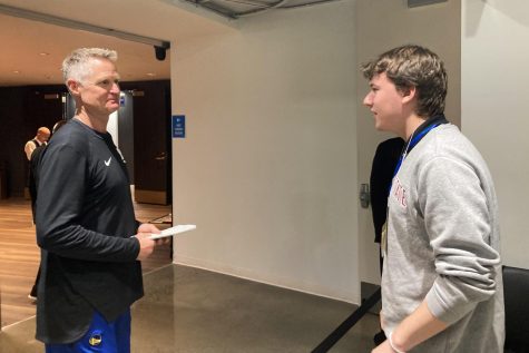 Brandon Willman meets Warriors head coach Steve Kerr at the Warriors game March 11, 2023 at Chase Center.