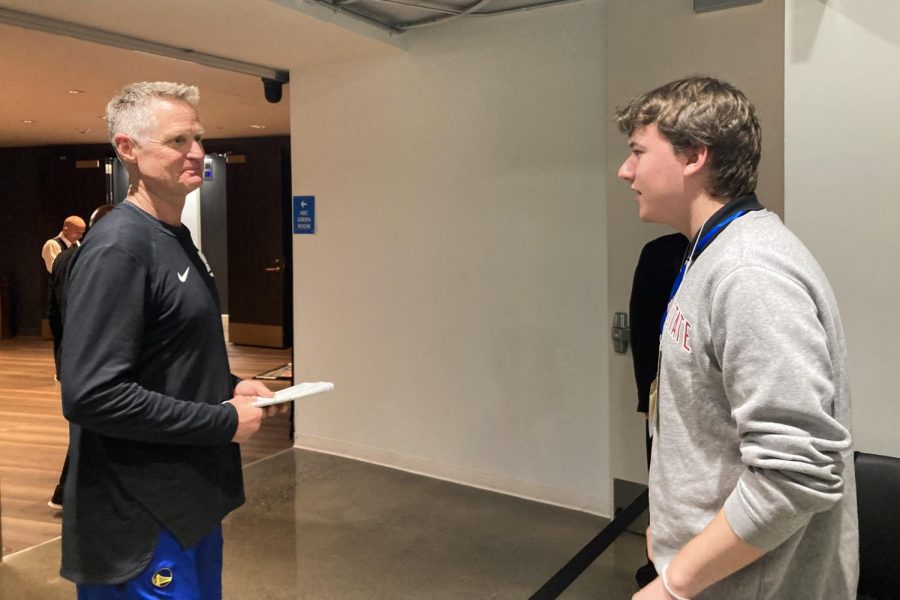 Brandon+Willman+meets+Warriors+head+coach+Steve+Kerr+at+the+Warriors+game+March+11%2C+2023+at+Chase+Center.