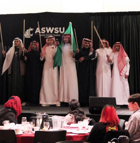 People on stage in the CUB senior ballroom during Middle Eastern Night, March 24.