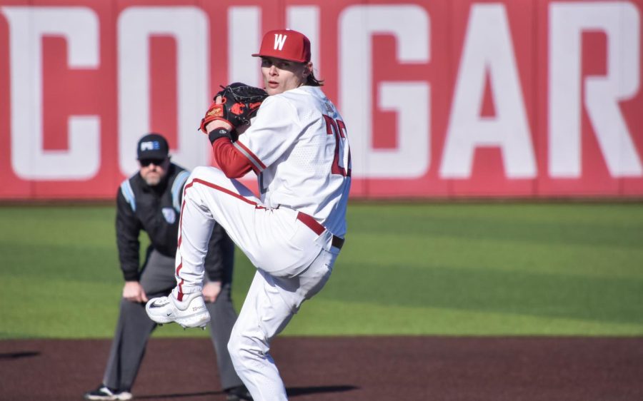 WSU pitcher Shane Spencer throws a pitch at an NCAA game against Seattle University, Tuesday, March 7, 2023, in Pullman, Wash.