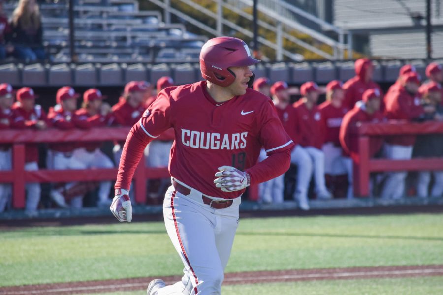 WSU outfielder Jacob McKeon runs to first base during an NCAA baseball game against Southern Indiana, Sunday, March 5, 2023, in Pullman, Wash.