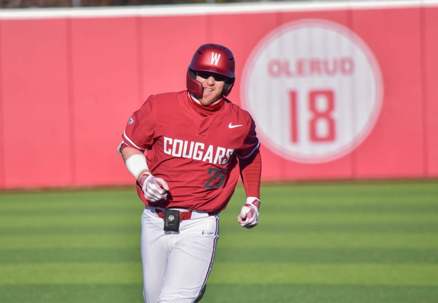 WSU first baseman Sam Brown runs to third base during an NCAA baseball game against Southern Indiana, Sunday, March 5, 2023, in Pullman, Wash.