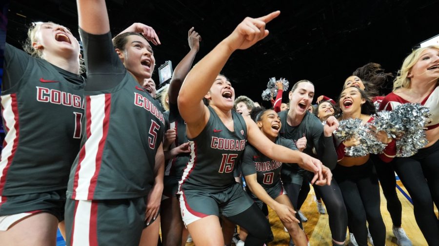 WSU womens basketball sing Shania Twains Man! I Feel Like a Woman with the Crimson Girls after upsetting No. 3 Utah 66-58, March 2, 2023 at Michelob Ultra Arena in Las Vegas.