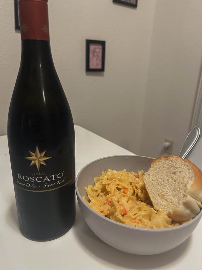 This is the 2011 Roscato Sweet Red Blend with cherry tomato cream sauce pasta.