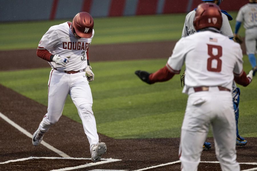 WSU infielder Ty Kennedy runs to home during an NCAA baseball game against UCLA, March 31, 2023, in Pullman, Wash.