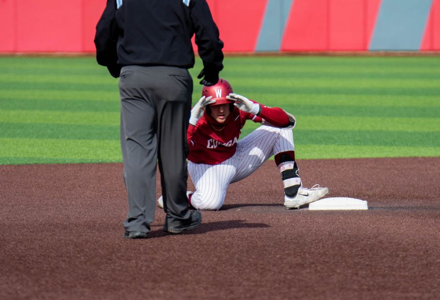 WSU catcher Will Cresswell celebrates after making it to second base during an NCAA baseball game against Santa Clara, Friday, April 21, 2023, in Pullman, Wash. 