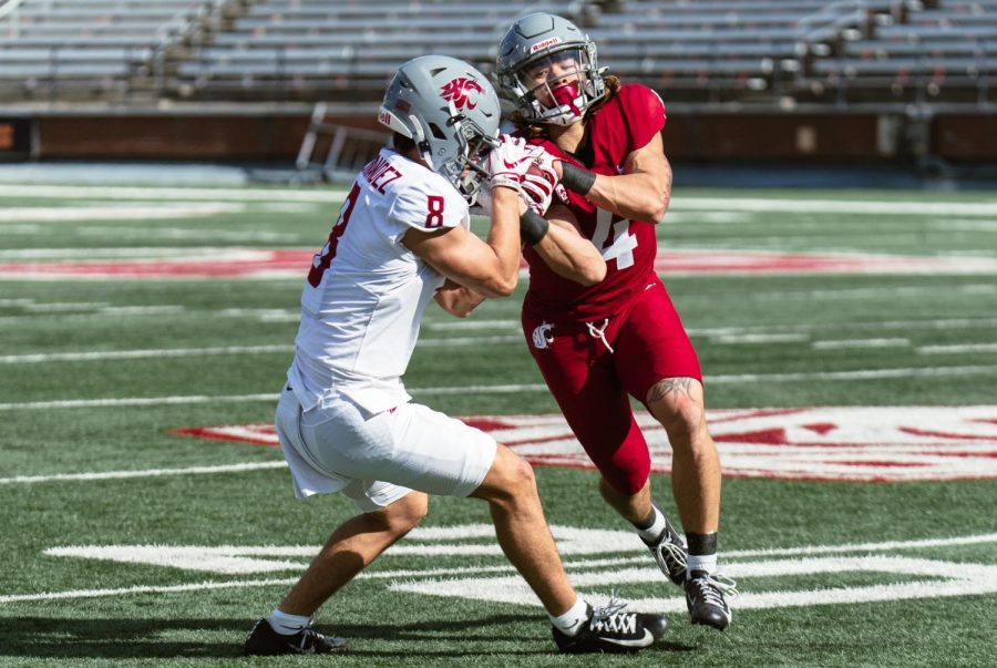 WSU defensive back Kapena Gushiken and WSU wide receiver Carlos Hernandez fight for the ball during the WSU football spring game, Saturday, April 22, 2023, in Pullman, Wash.