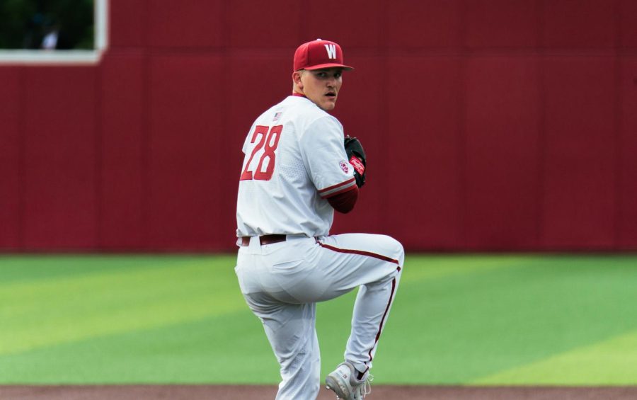 WSU pitcher Spencer Jones prepares to throw a pitch during an NCAA baseball game against Gonzaga, Tuesday, May 2, 2023 in Pullman, Wash. 