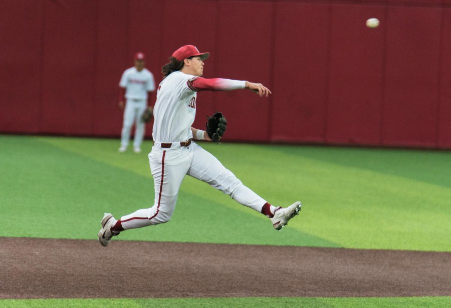 WSU infielder Kyle Russell throws a ball to second base during an NCAA baseball game against Gonzaga, Tuesday, May 2, 2023 in Pullman, Wash. 