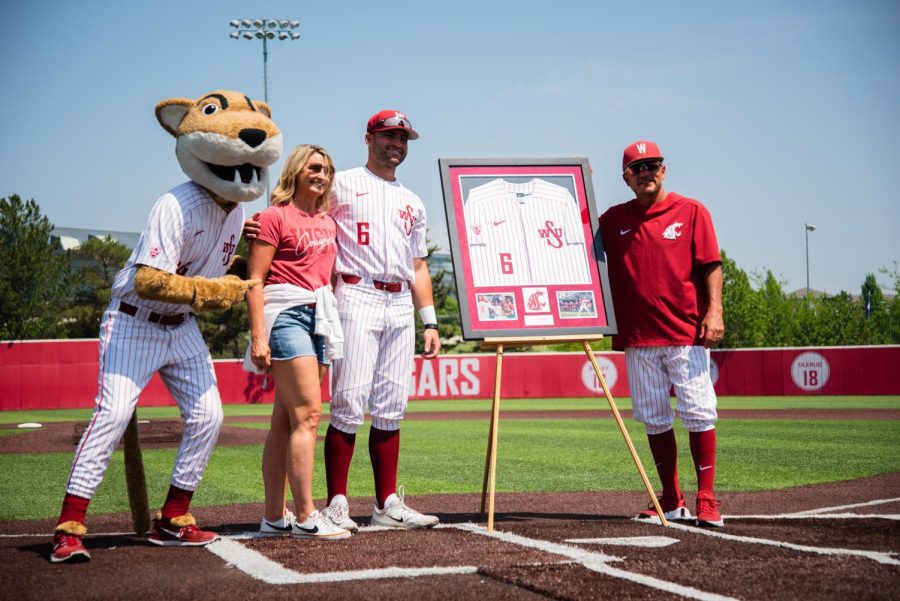 WSU senior Greg Fuchs is recognized for his contributions to the team ahead of last regular season game, May 20, in Pullman, Wash.