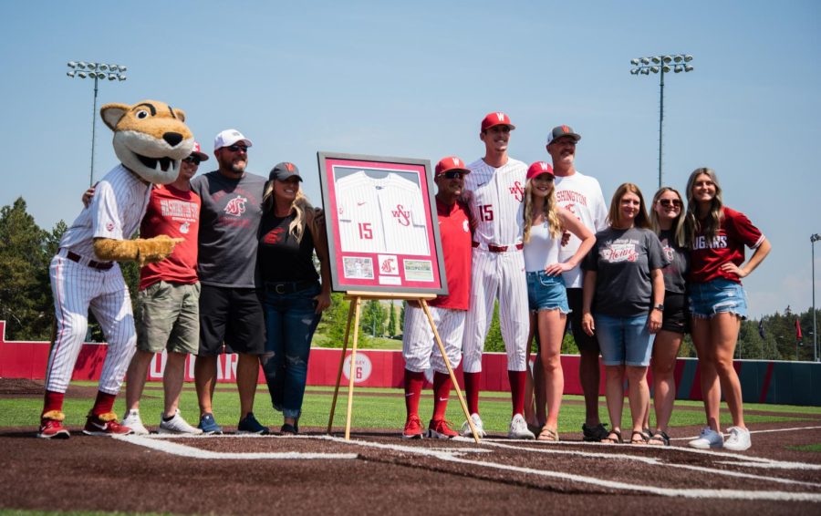 WSU senior Caden Kaelber is recognized for his contributions to the team ahead of last regular season game, May 20, in Pullman, Wash.