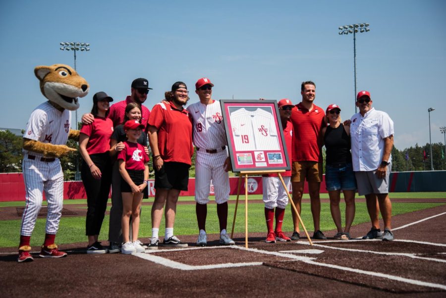 WSU senior Jacob McKeon is recognized for his contributions to the team ahead of last regular season game, May 20, in Pullman, Wash.