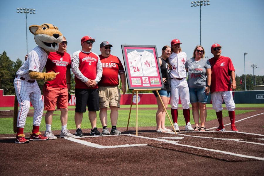 WSU senior Dakota Hawkins is recognized for his contributions to the team ahead of last regular season game, May 20, in Pullman, Wash.
