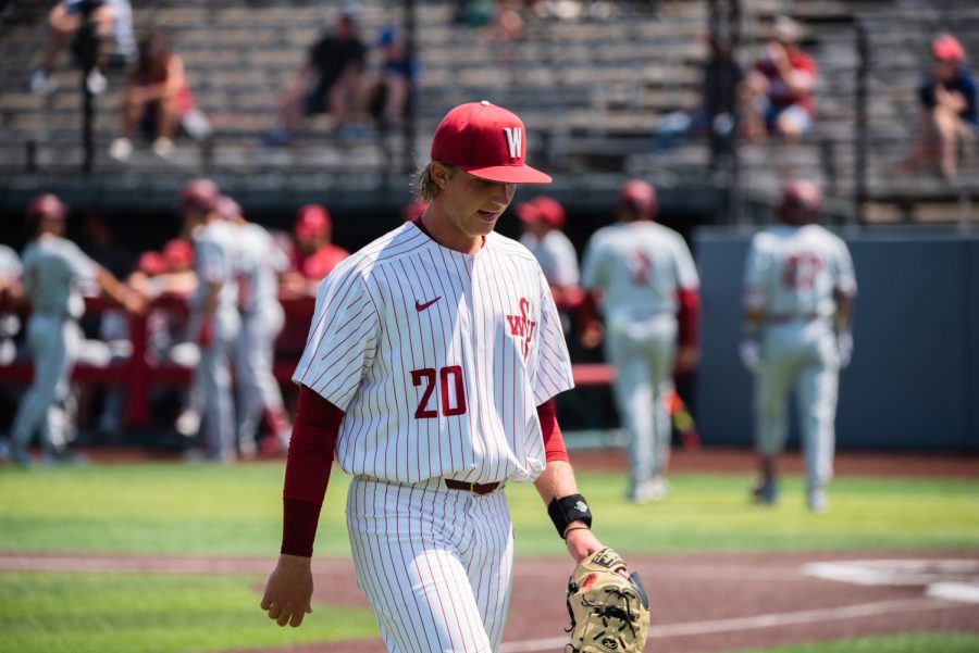 Connor Wilford exits the game in the 2nd inning against Stanford, May 20, in Pullman, Wash.