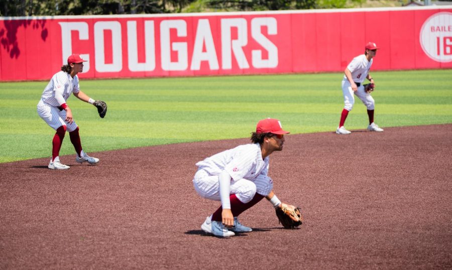 WSU infield anticipates action on pitch in 3rd inning against Stanford, May 20, in Pullman, Wash.
