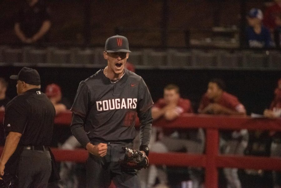 Caden Kaelber reacts to his dugout after getting out of jam in late innings against Stanford, May 18.