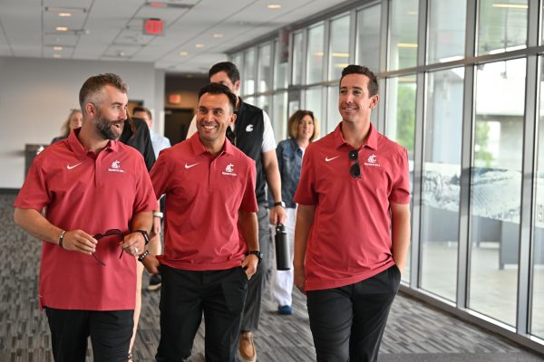Cougar baseball coaches Jake Valentine (Left), Joe Perez (center) and Eric Hutting (right) talk at head coach Nathan Choates press conference, June 27 in the Alger Family Club Room in Martin Stadium- courtesy WSU Athletics