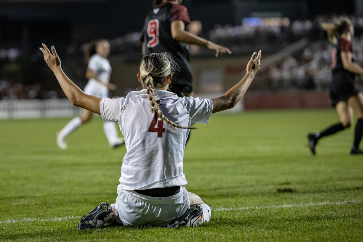 WSU forward Grayson Lynch appeals to the referee for a penalty kick during an NCAA women’s soccer match, Aug. 17, 2023, in Pullman, Wash.